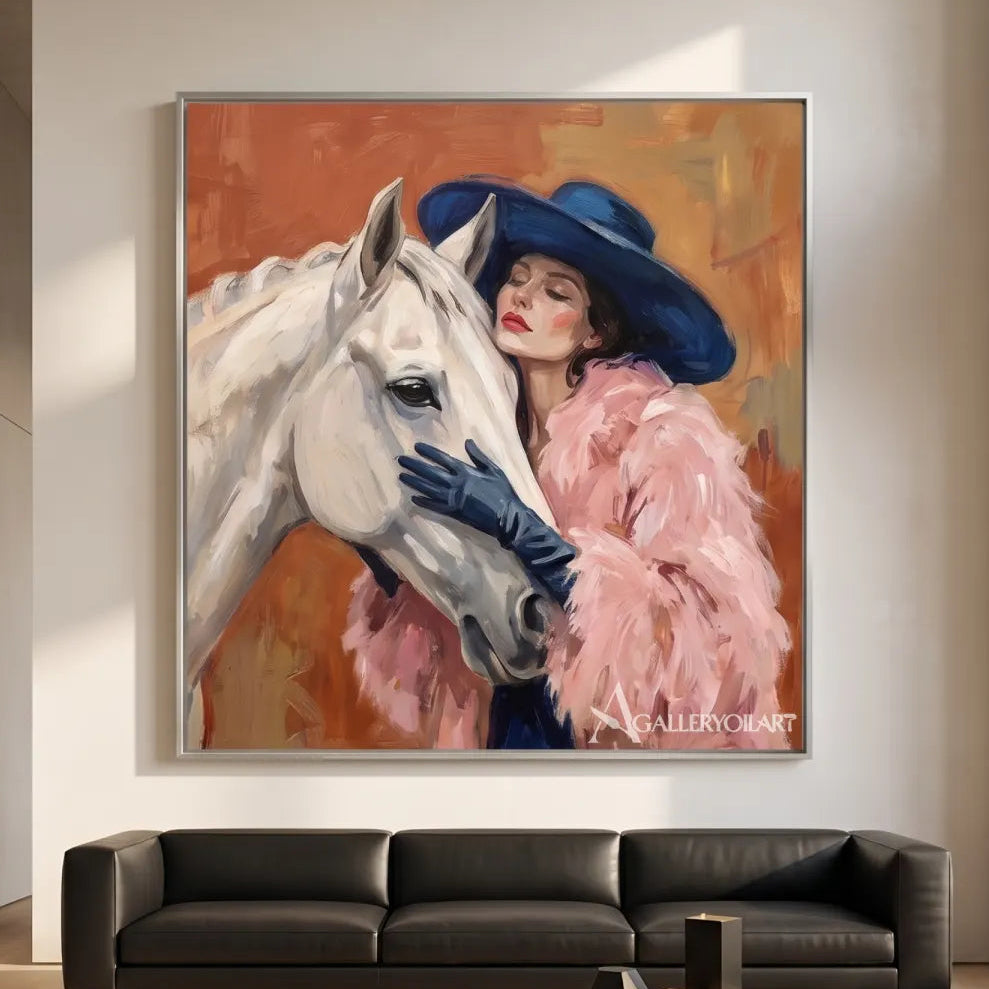 Horsewoman-in-a-hat-embracing-a-white-horse-against-pink-and-blue-brushwork-in-contemporary-room