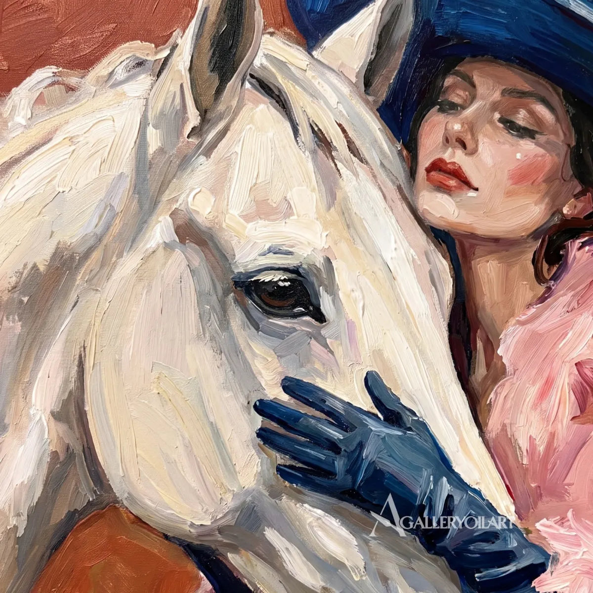 Horsewoman-in-a-hat-embracing-a-white-horse-against-pink-and-blue-brushwork-in-reading-room