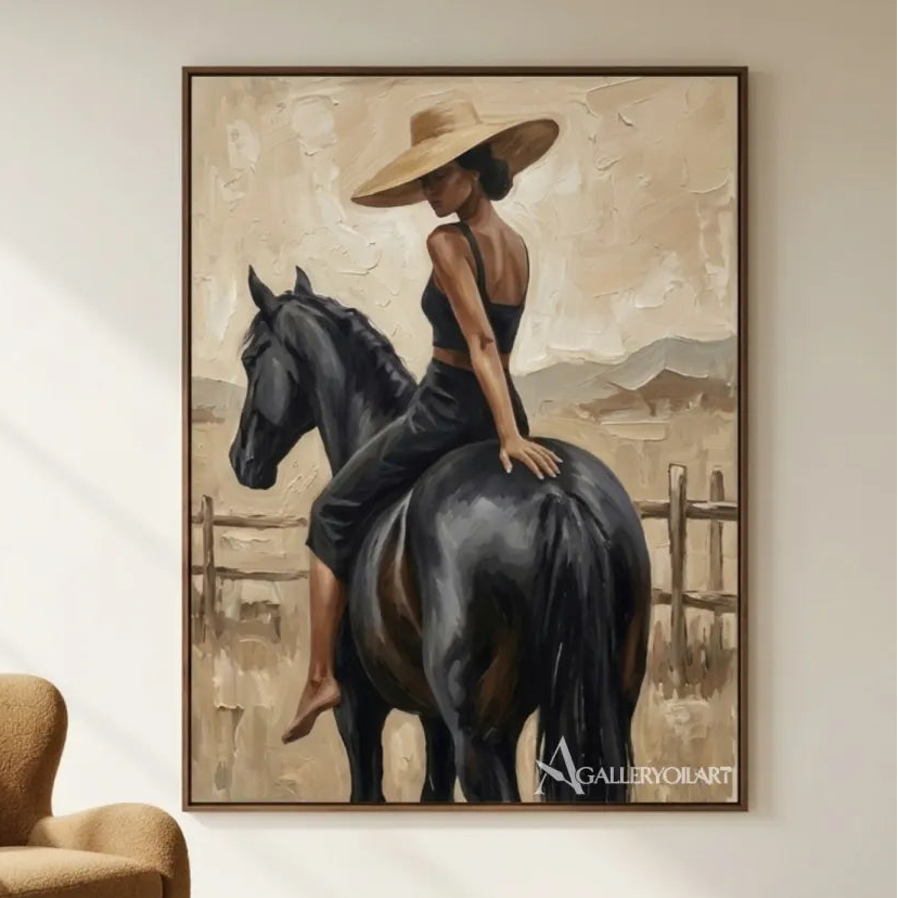 Woman-riding-a-black-horse-in-beige-textured-portrait-art-gallery-space