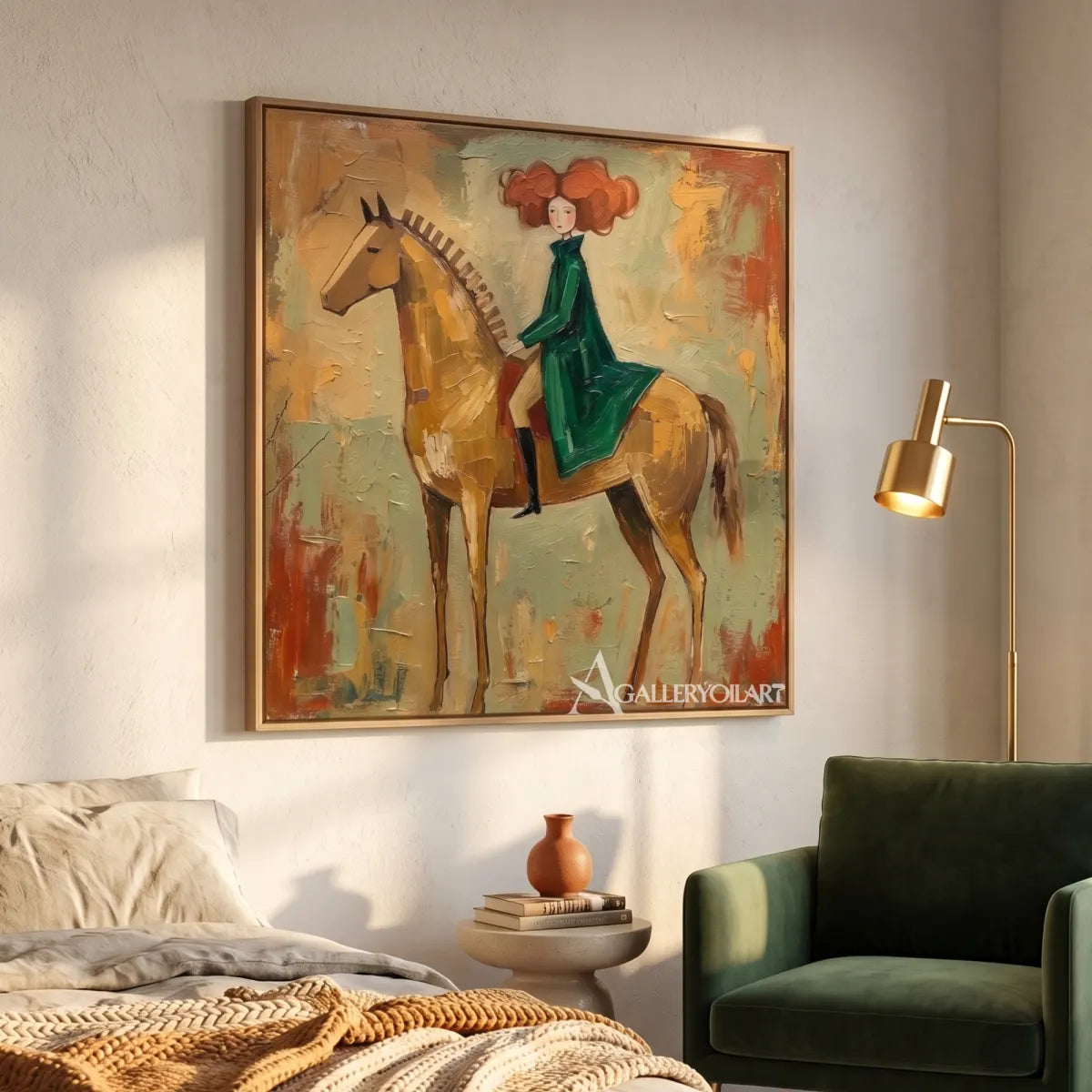 horsewoman in a flowing dress-animal-art-green-wall-art-in-bedroom-reading-nook
