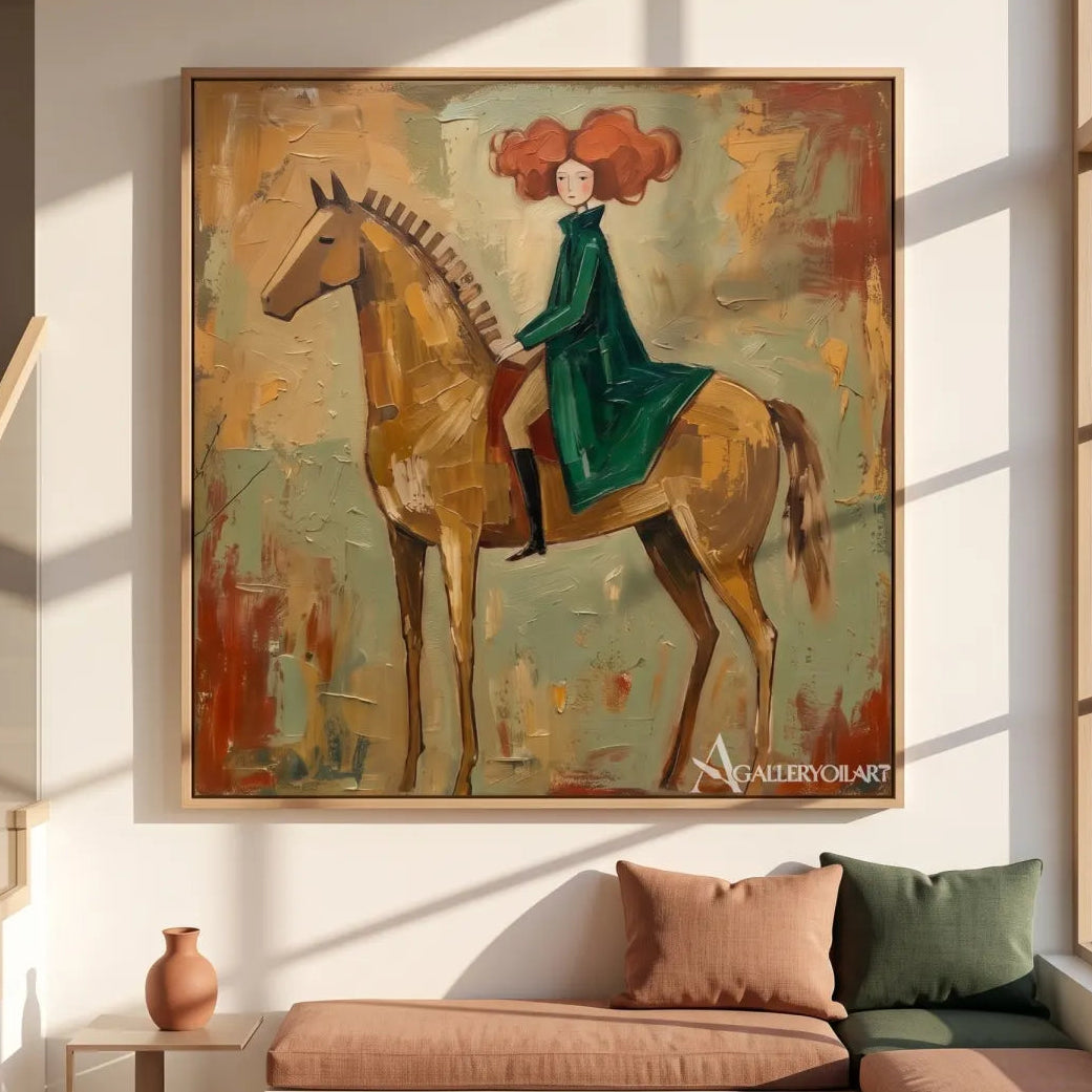 horsewoman in a flowing dress-animal-art-green-wall-art-in-gallery-wall