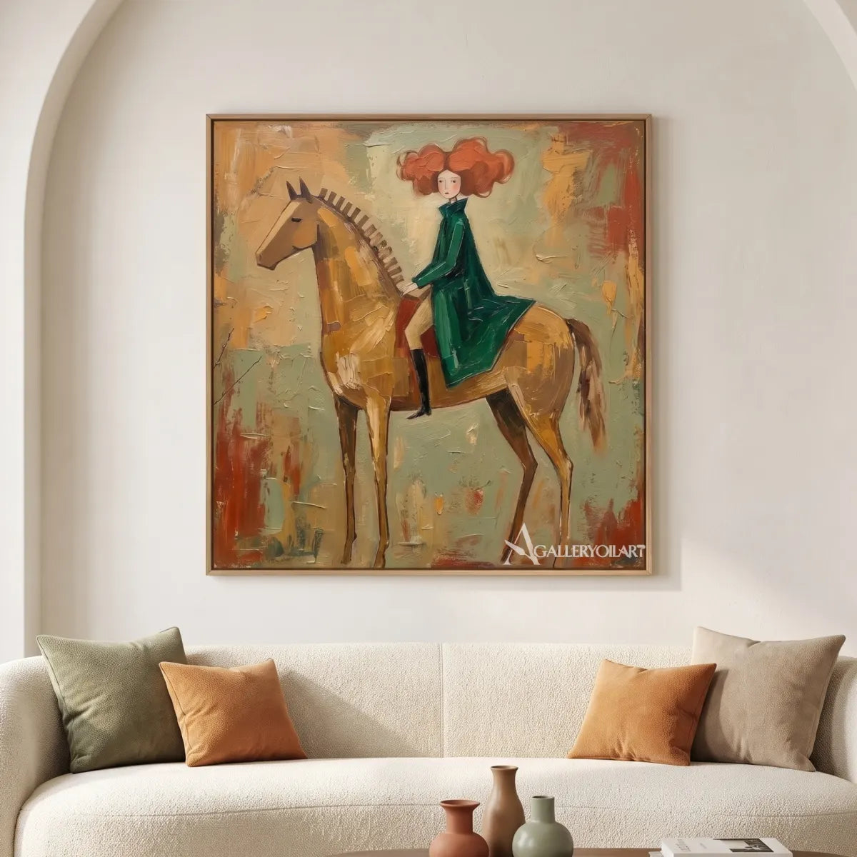 horsewoman in a flowing dress-animal-art-green-wall-art-in-living-room