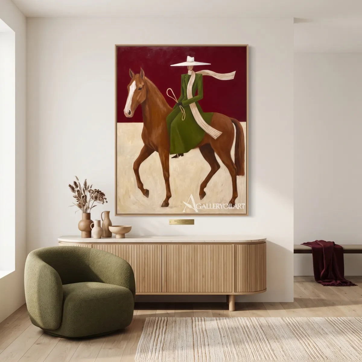 Western Cowboy horsewoman in a green dress riding a brown horse against a red and cream ground-in-detail