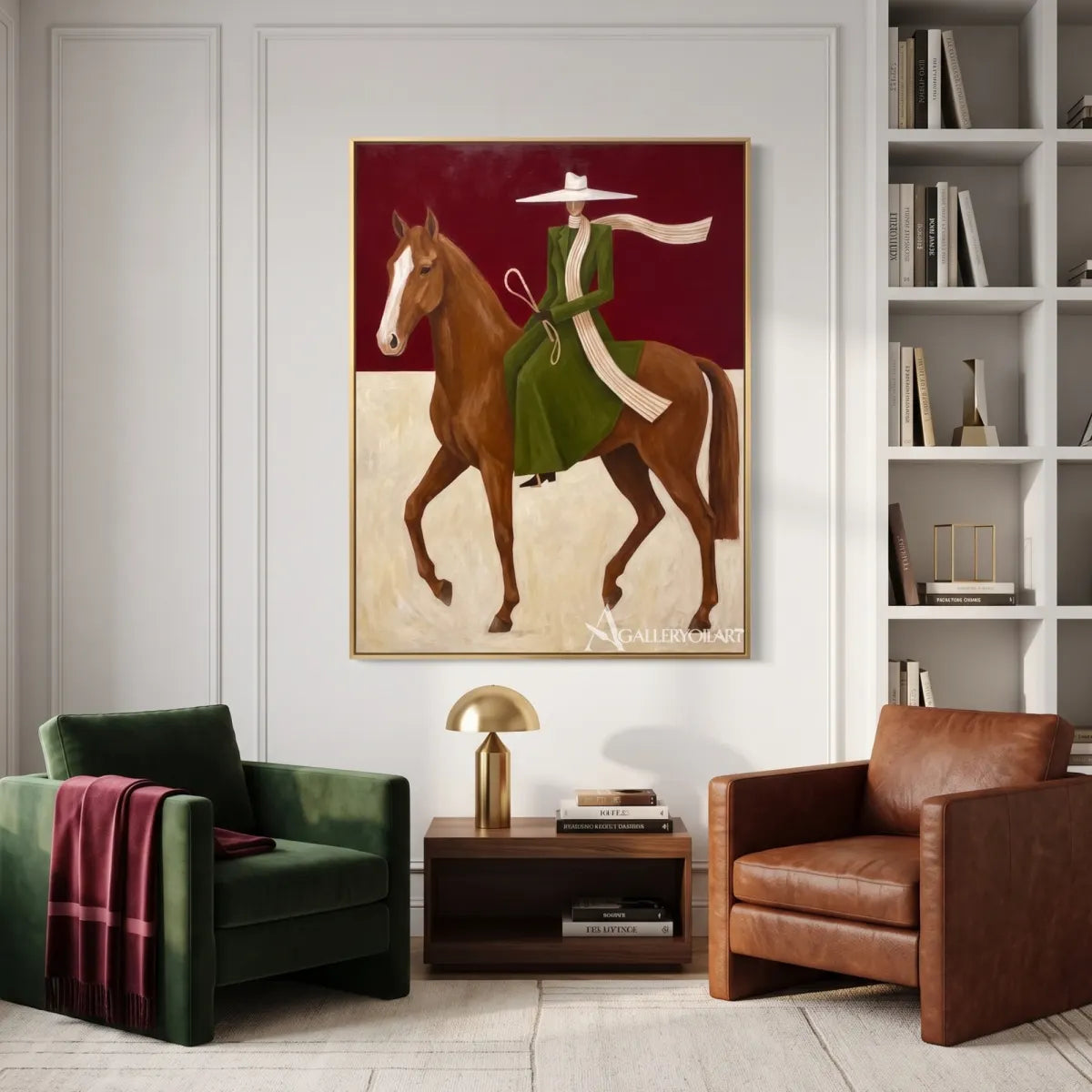 Western Cowboy horsewoman in a green dress riding a brown horse against a red and cream ground-in-gallery-wall