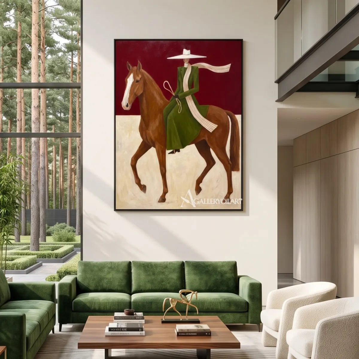 Western Cowboy horsewoman in a green dress riding a brown horse against a red and cream ground-in-modern-interior