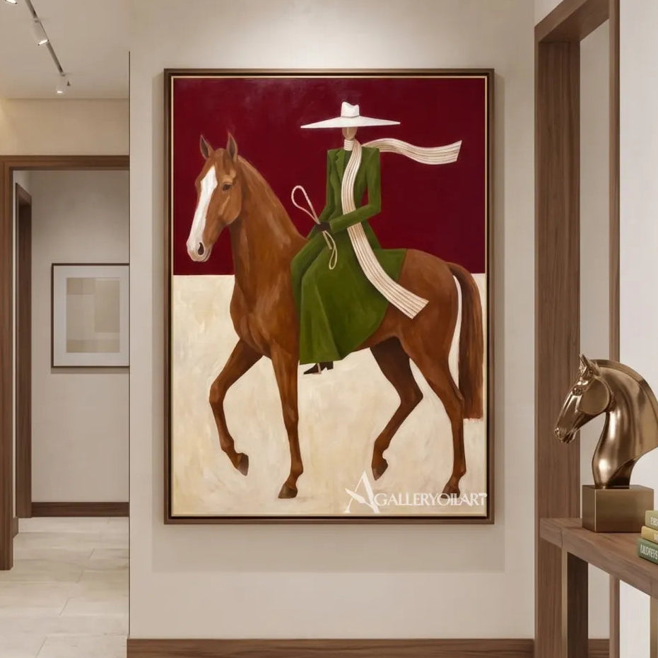 Western Cowboy horsewoman in a green dress riding a brown horse against a red and cream ground-in-reading-lounge