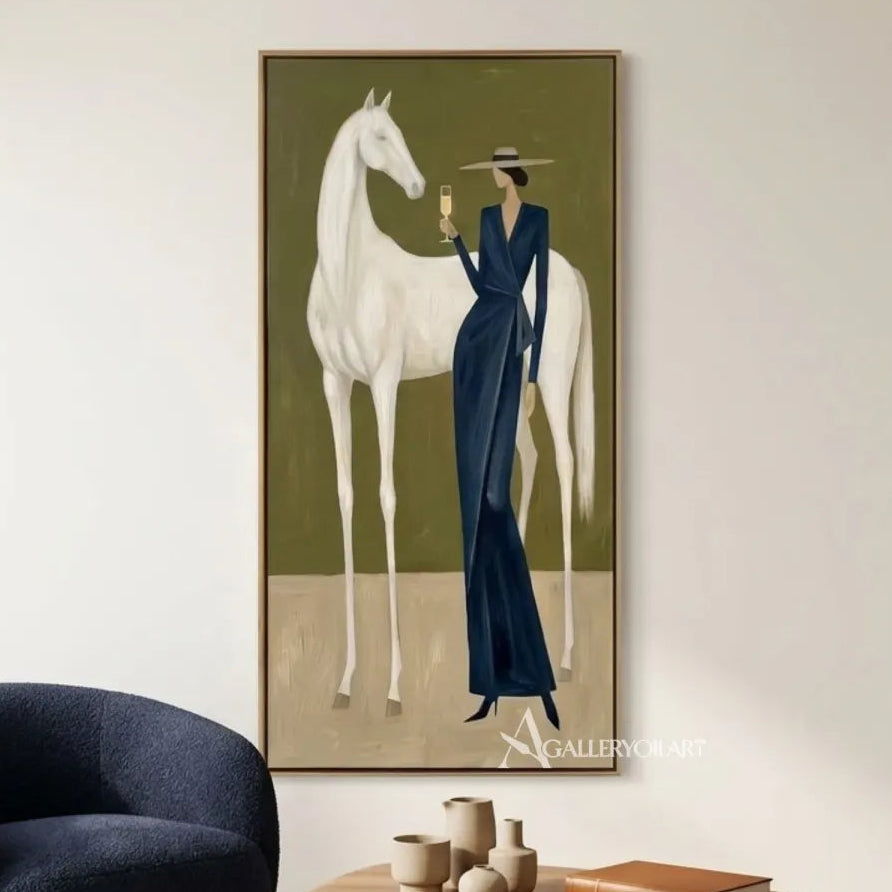 White-horse-and-blue-dressed-woman-in-portrait-art-olive-green-styled-interior