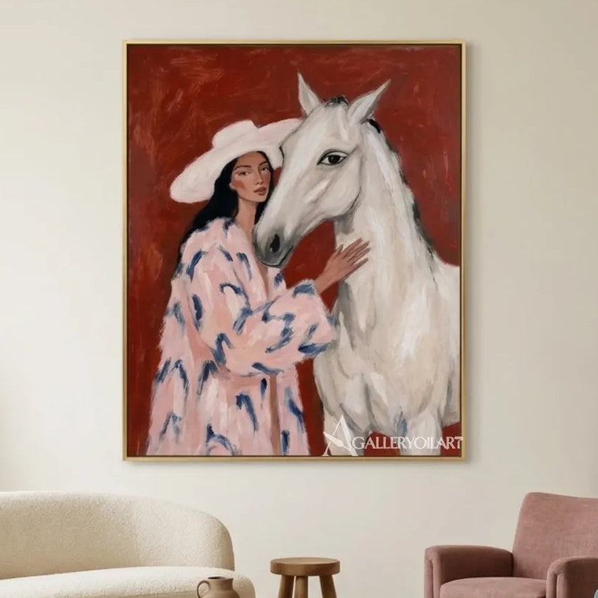 woman-and-white-horse-portrait-art-pink-wall-art-gallery-wall