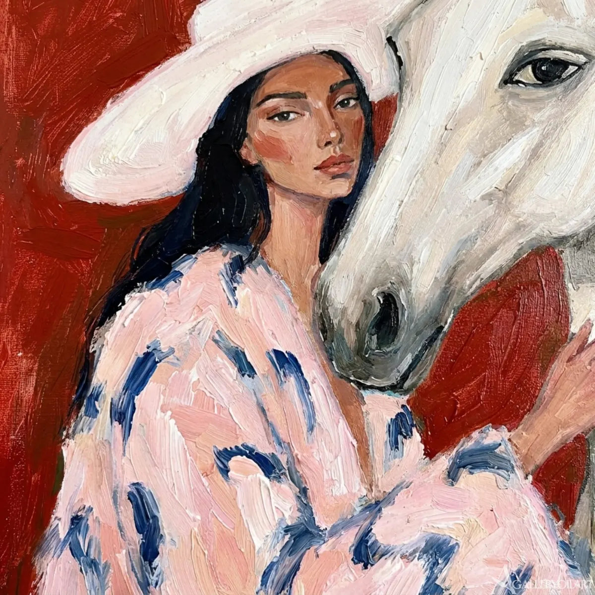 woman-and-white-horse-portrait-art-pink-wall-art-paint-detail