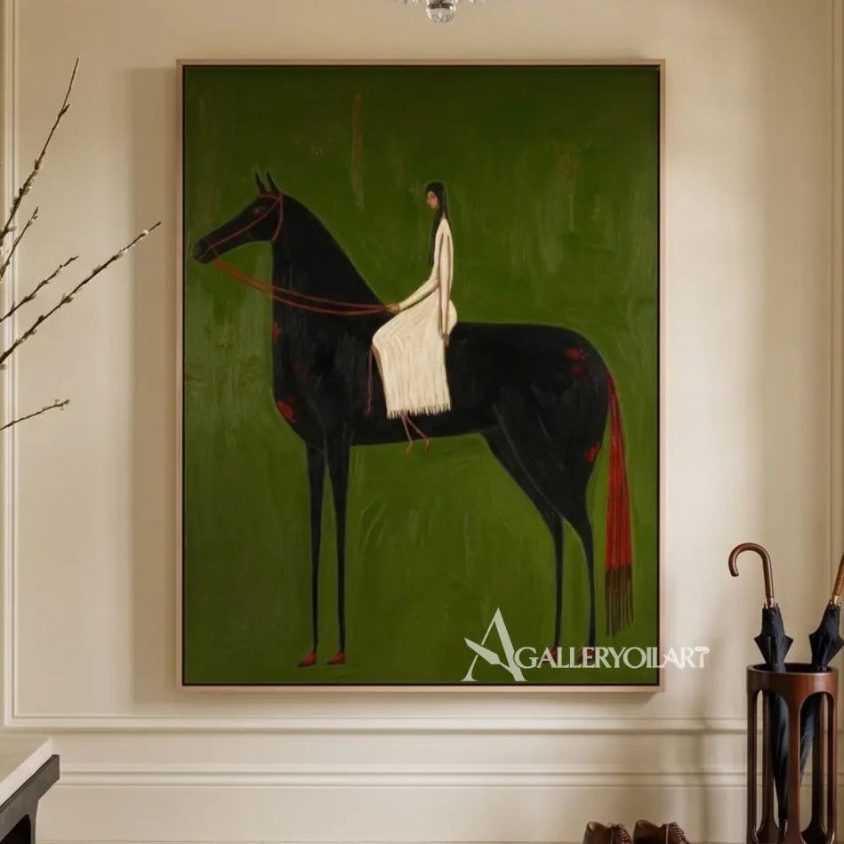 Western-cowboy-art-of-a-cream-clad-horsewoman-with-a-black-horse-against-a-deep-green-ground-in-an-entryway