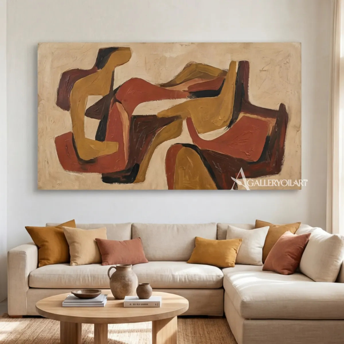 Abstract interwoven forms in ochre, rust, terracotta, deep brown, and cream wall art in abstract detail