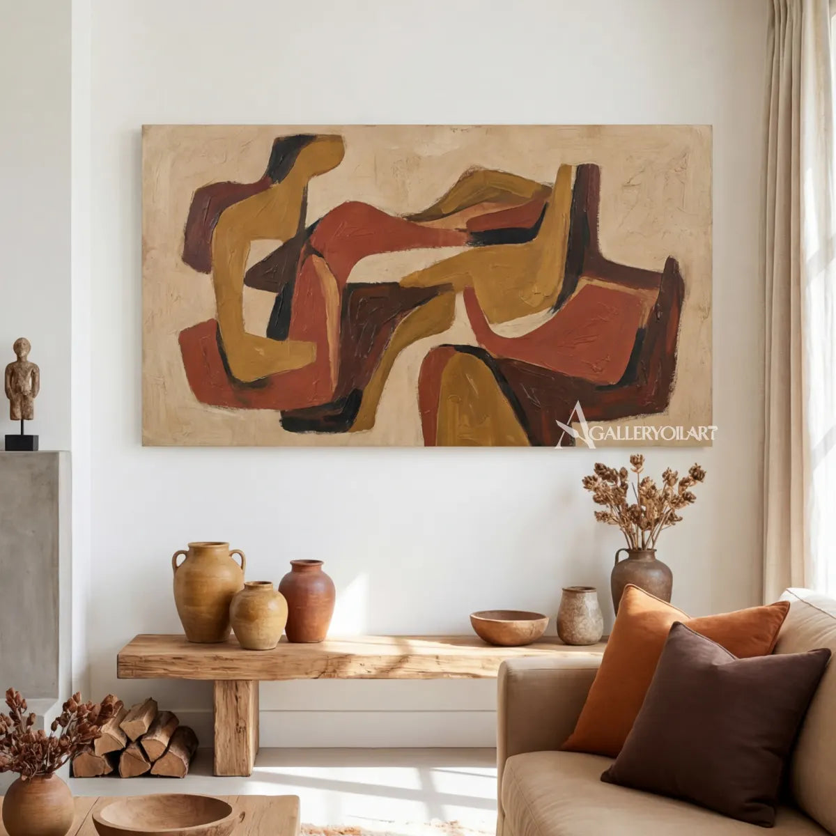 Abstract interwoven forms in ochre, rust, terracotta, deep brown, and cream wall art in console wall