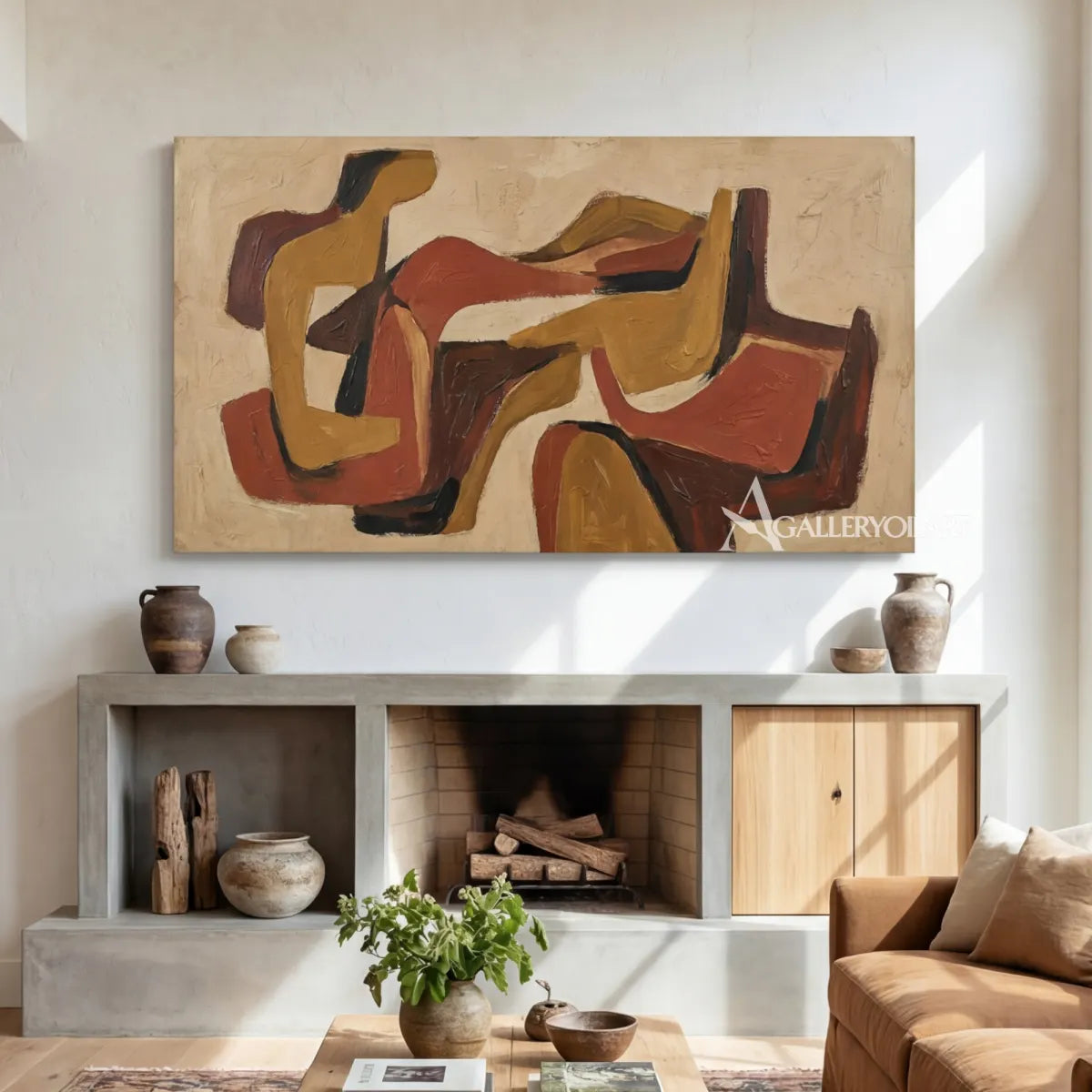 Abstract interwoven forms in ochre, rust, terracotta, deep brown, and cream wall art in interior wall