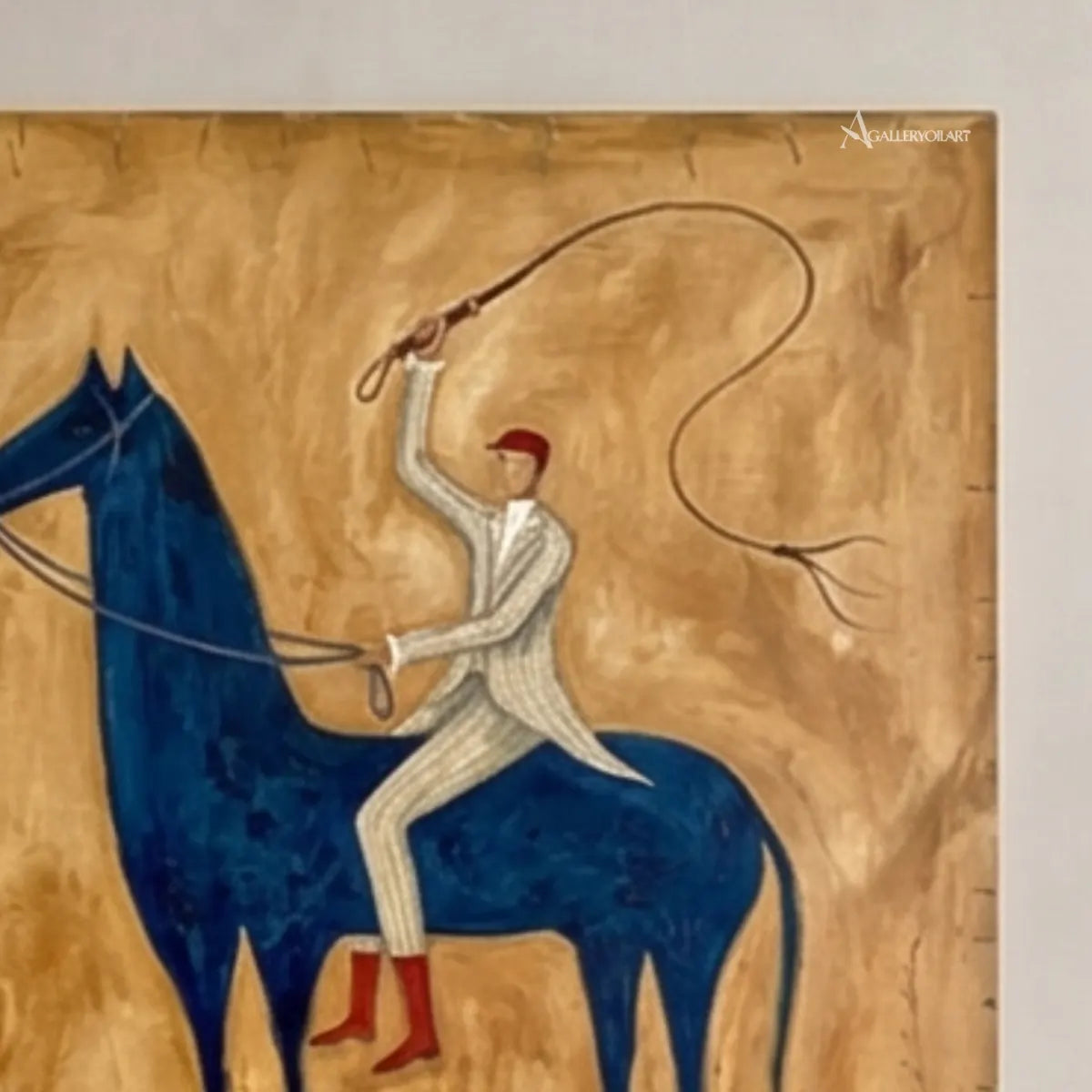 Close-view-of-Western-cowboy-art-showing-a-rider-and-blue-horse-with-a-looping-lasso-on-textured-ochre
