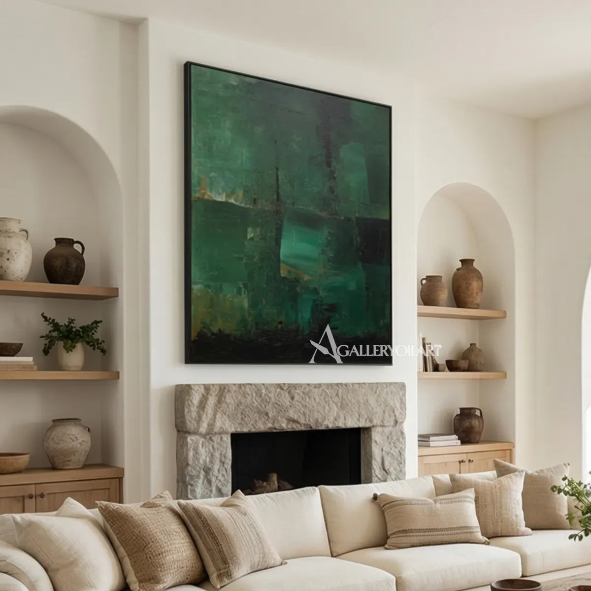 abstract-layered-abstract-blocks-deep-green-forest-teal-charcoal-muted-olive-and-soft-gray-wall-art-in-bedroom