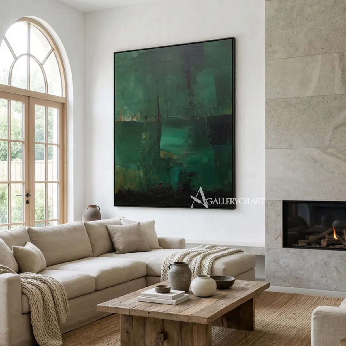 abstract-layered-abstract-blocks-deep-green-forest-teal-charcoal-muted-olive-and-soft-gray-wall-art-in-fireplace-room