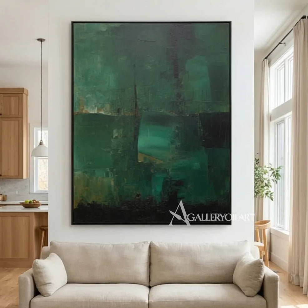 abstract-layered-abstract-blocks-deep-green-forest-teal-charcoal-muted-olive-and-soft-gray-wall-art-in-living-room