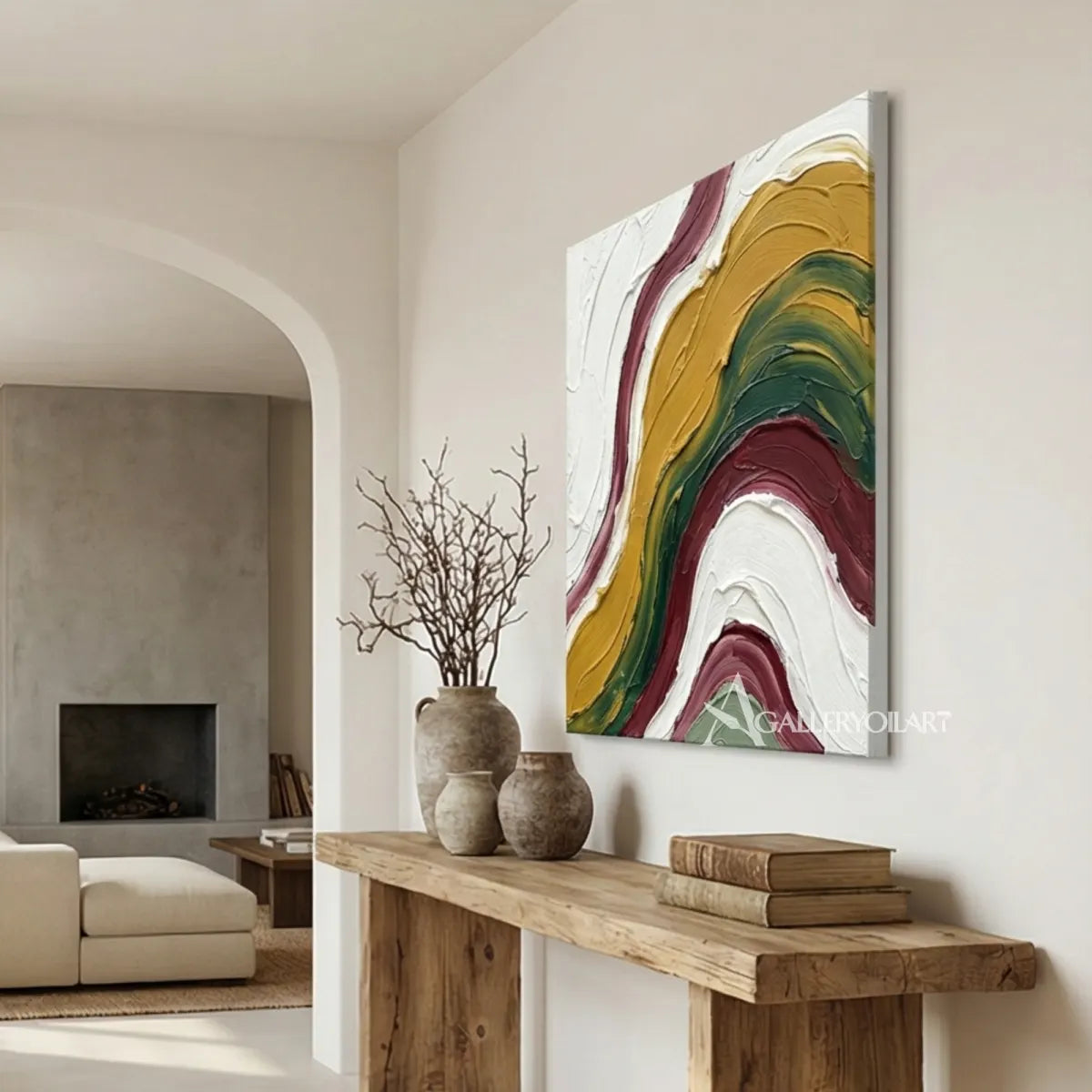 Textured-3D-art-with-layered-yellow-green-and-cream-arcs-in-an-entryway