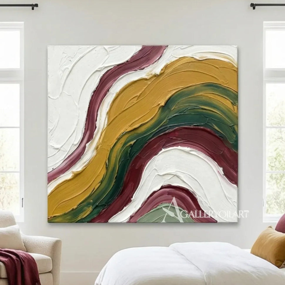Textured-3D-art-with-layered-yellow-green-and-cream-arcs-in-a-bedroom