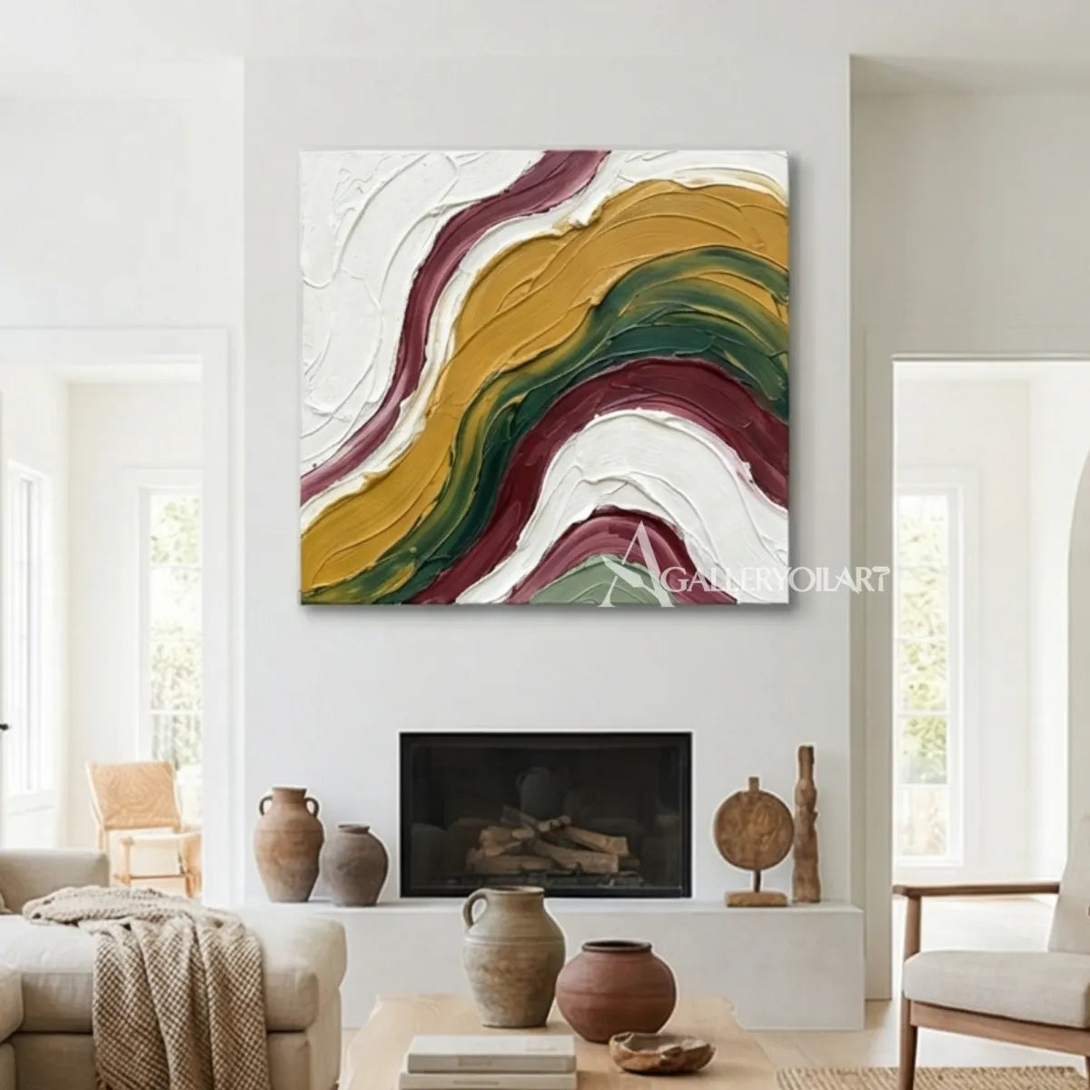 Textured-3D-art-with-layered-yellow-green-and-cream-arcs-in-a-living-room