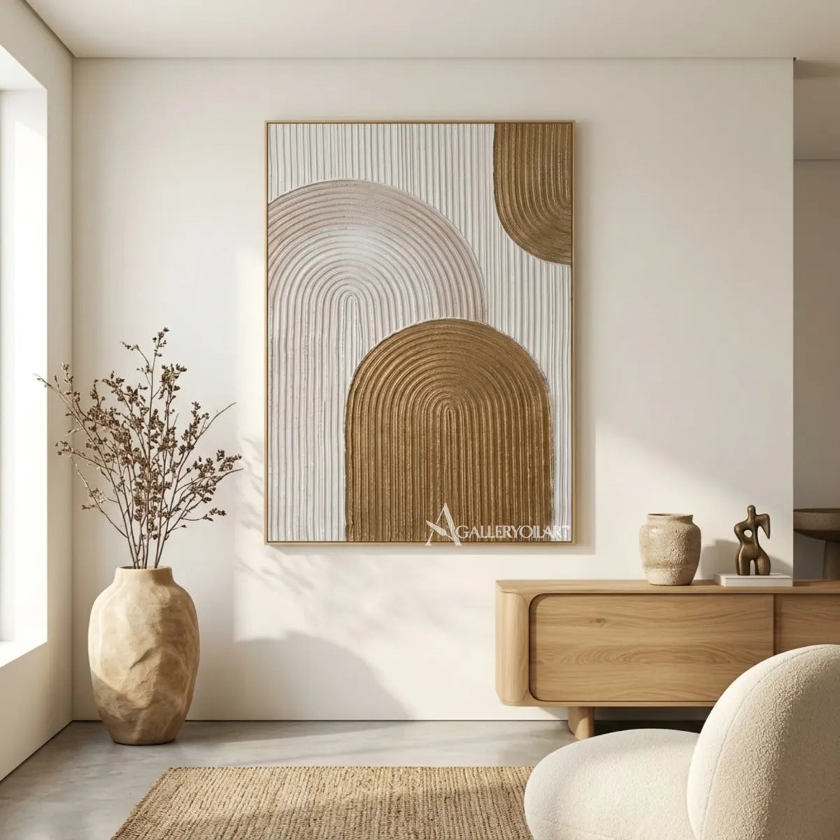 Textured-3D-layered-arch-forms-gold-wall-art-gallery