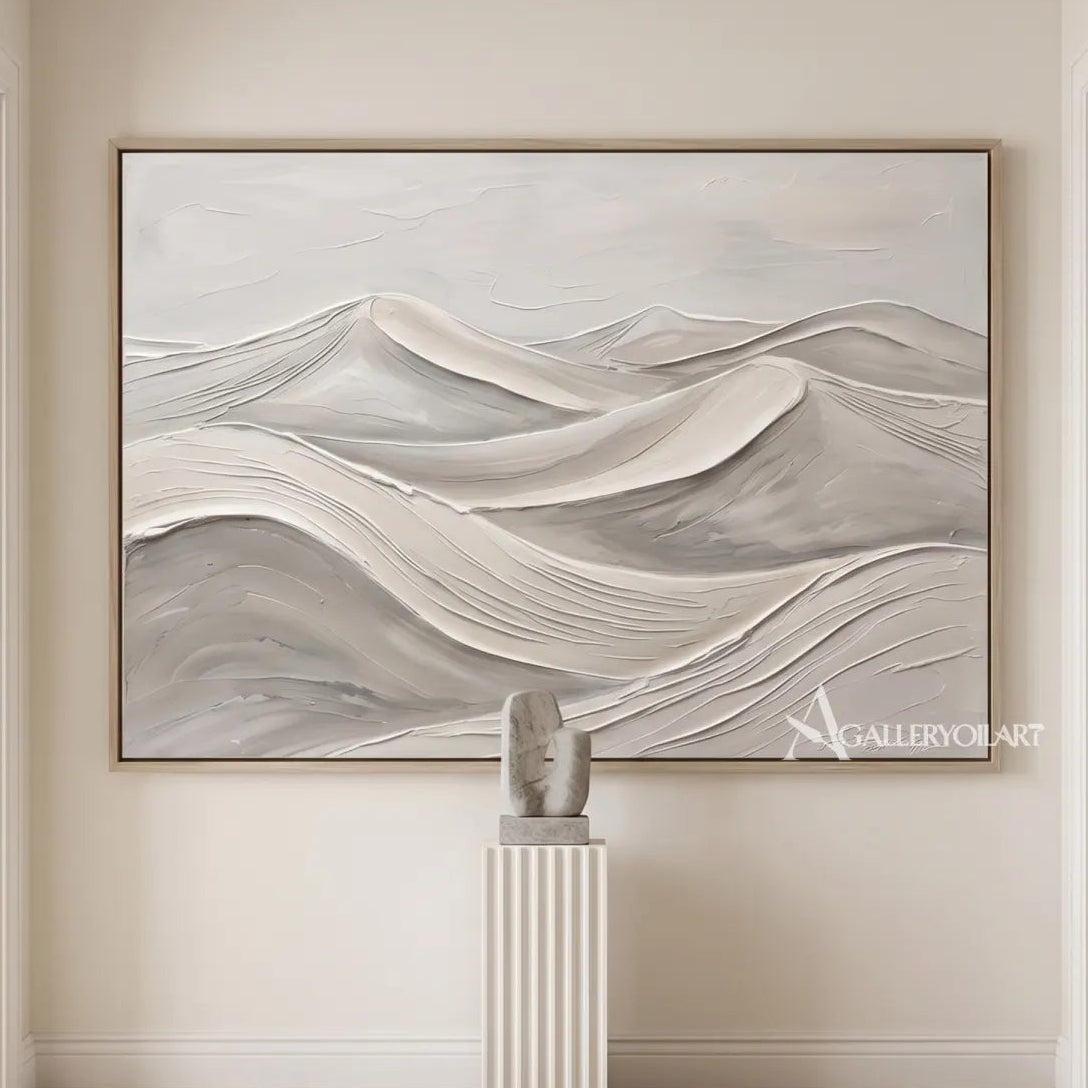 Textured 3D layered mountain forms in beige and gray relief-in-modern-hallway