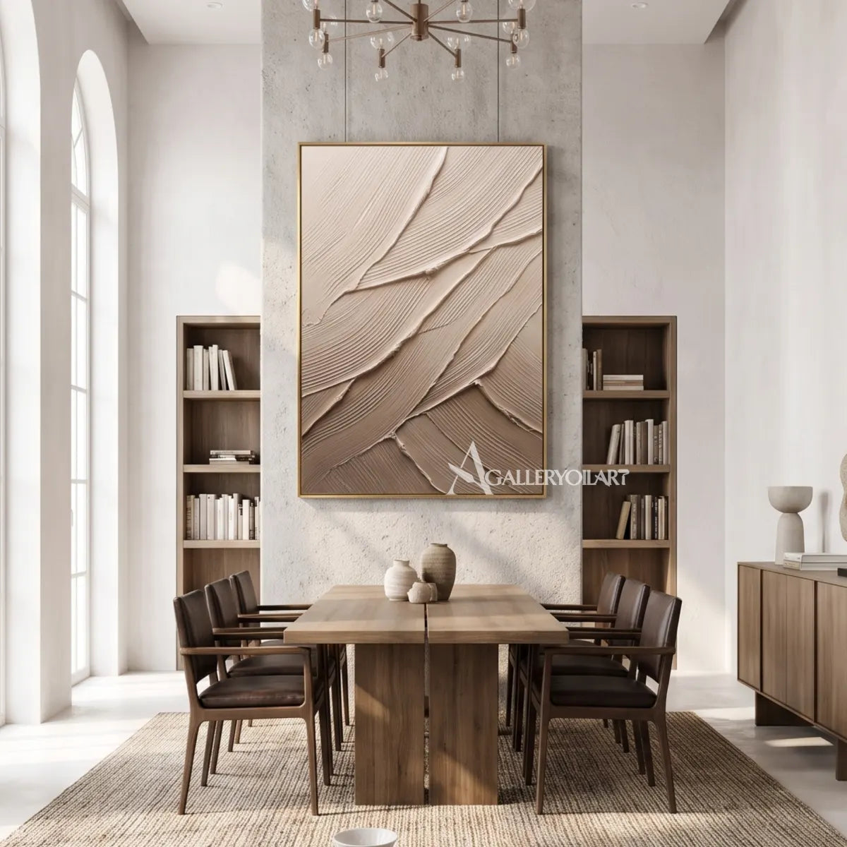 Layered-strokes-textured-3d-beige-wall-art-in-a-dining-room