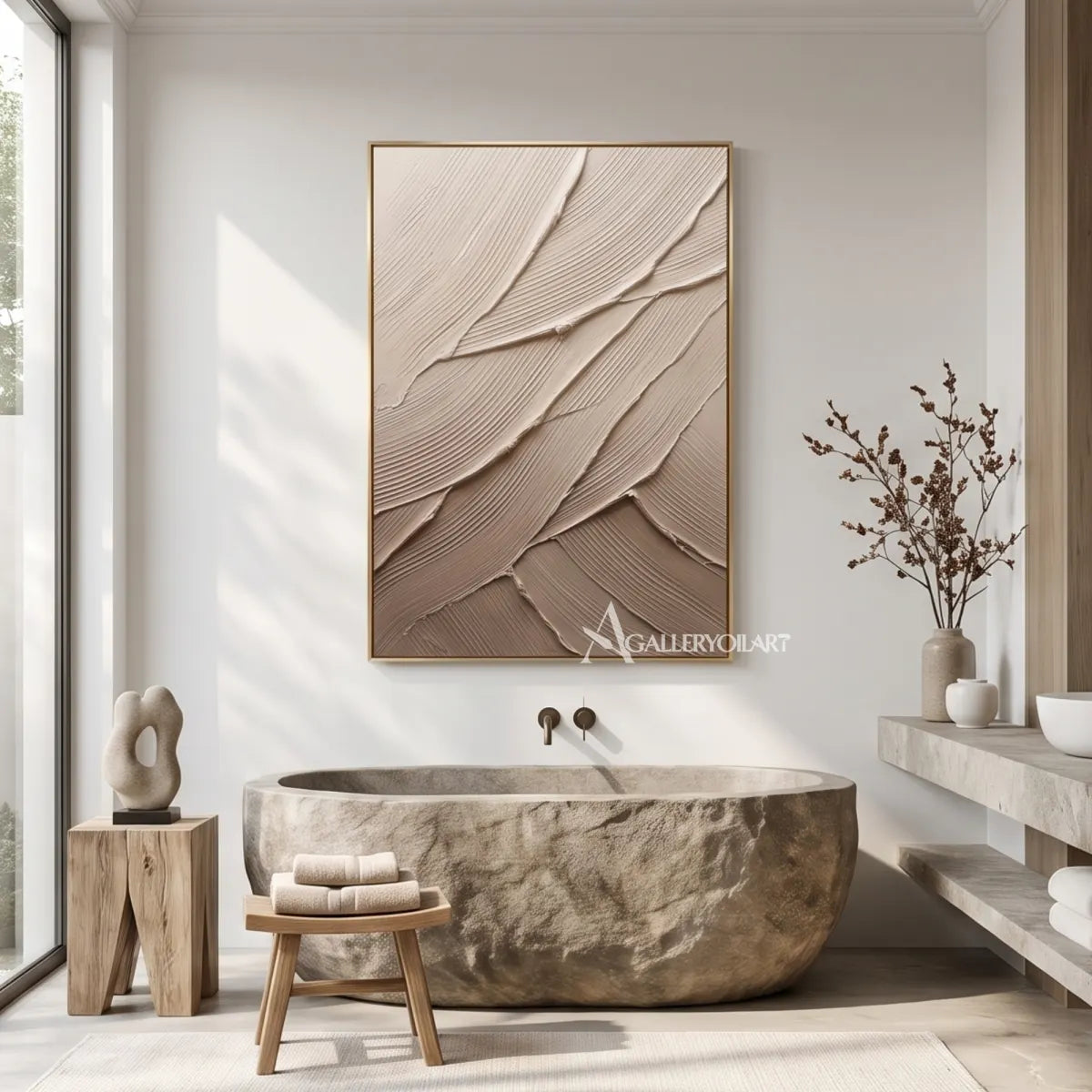 Layered-strokes-textured-3d-beige-wall-art-in-a-stone-bathroom