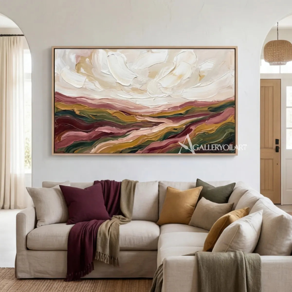 textured-3d-layered-valley-flow-cream-dusty-rose-olive-green-ochre-and-deep-brown-wall-art-in-a-living-room