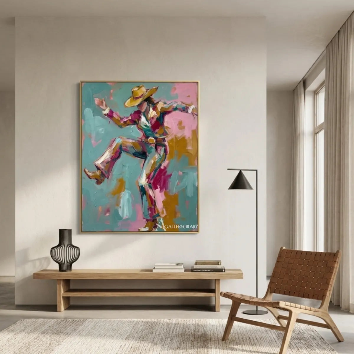 Pop-art-blue-and-pink-leaping-cowboy-in-a-modern-room