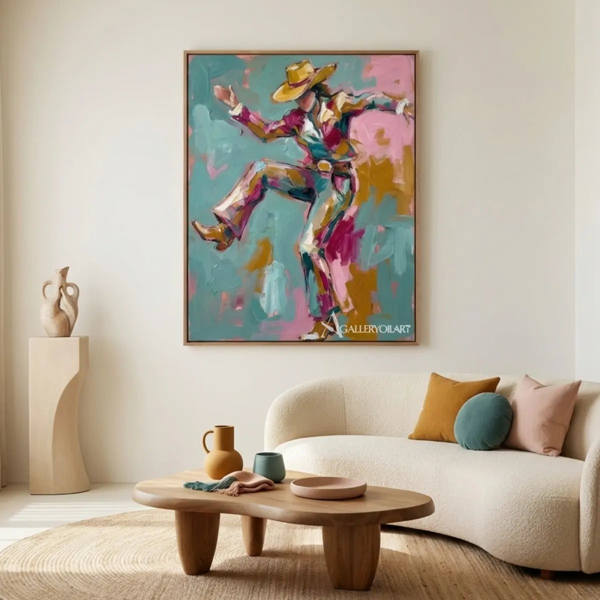 Pop-art-blue-and-pink-leaping-cowboy-displayed-in-a-gallery
