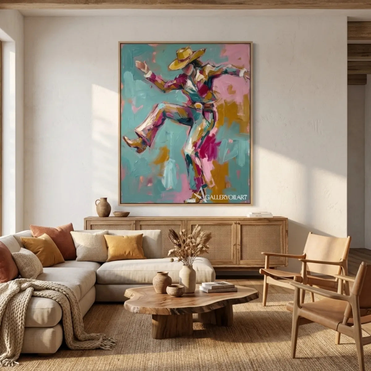 Pop-art-blue-and-pink-leaping-cowboy-above-a-contemporary-sofa