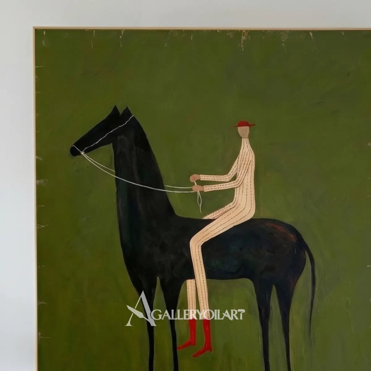 a long-legged rider seated on a dark horse in green and ivory western cowboy wall art in a entryway setting