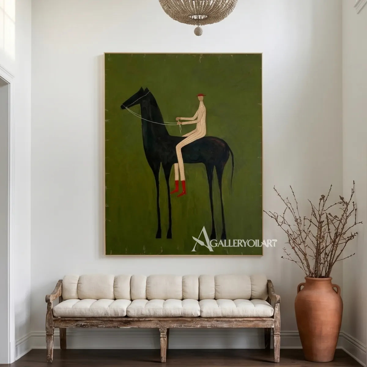 a long-legged rider seated on a dark horse in green and ivory western cowboy wall art in a hallway setting