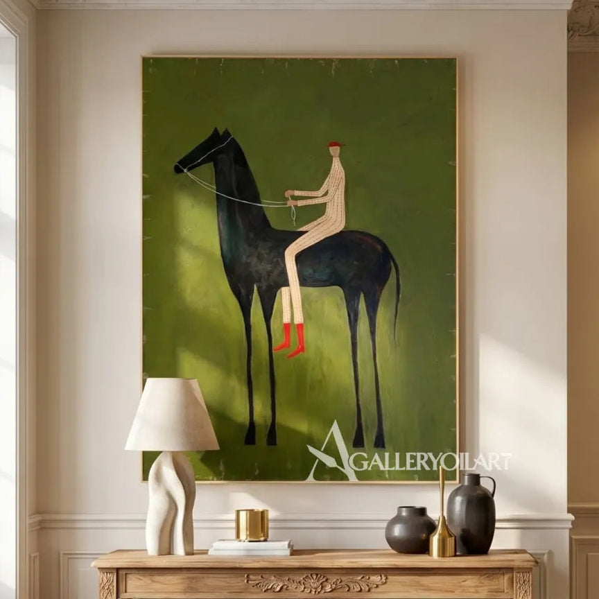 a long-legged rider seated on a dark horse in green and ivory western cowboy wall art in a living room setting