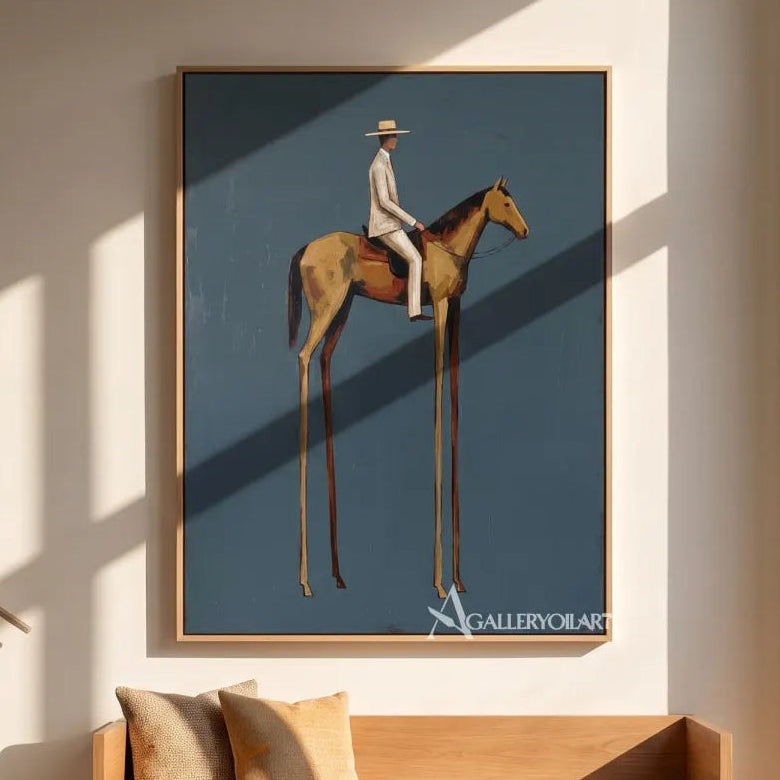 Western-Cowboy-long-legged-horseman-on-a-horse-in-blue-and-ochre-on-a-gallery-wall