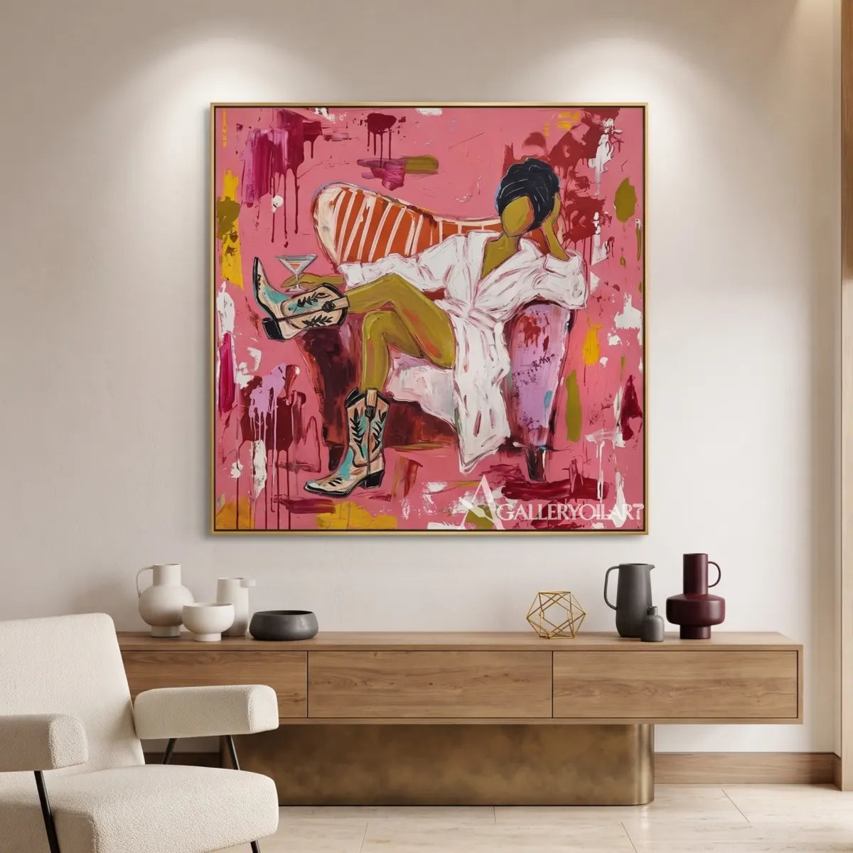 Pop-Art-lounge-figure-in-a-minimalist-architectural-interior-with-pink-and-white-brushwork