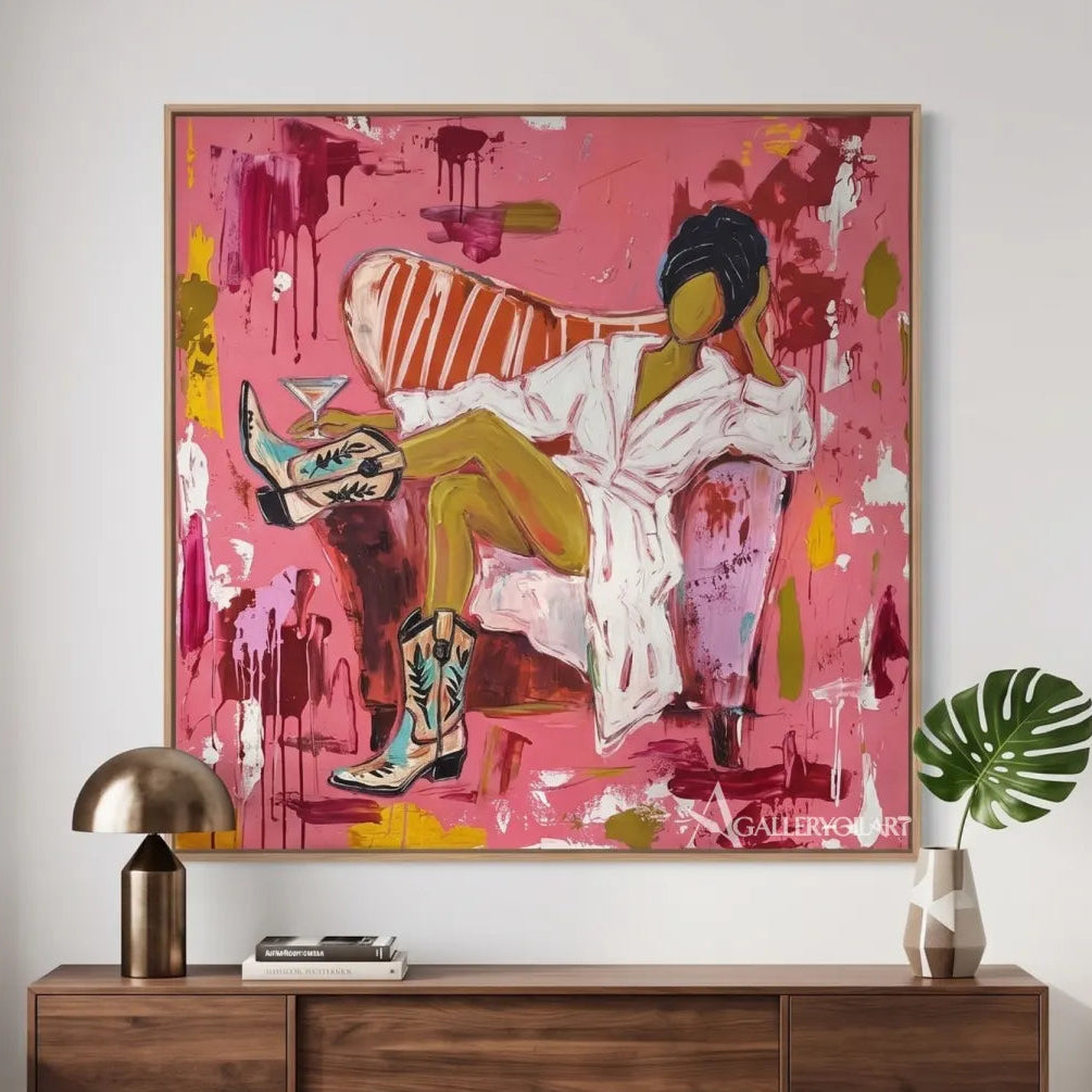 Pop-Art-lounge-figure-in-a-modern-entryway-with-pink-and-white-brushwork