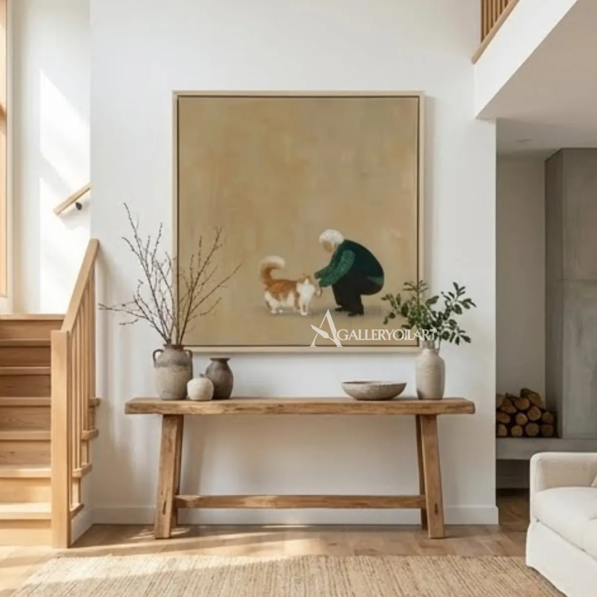 Man-gently-petting-a-cat-portrait-art-beige-and-brown-entryway