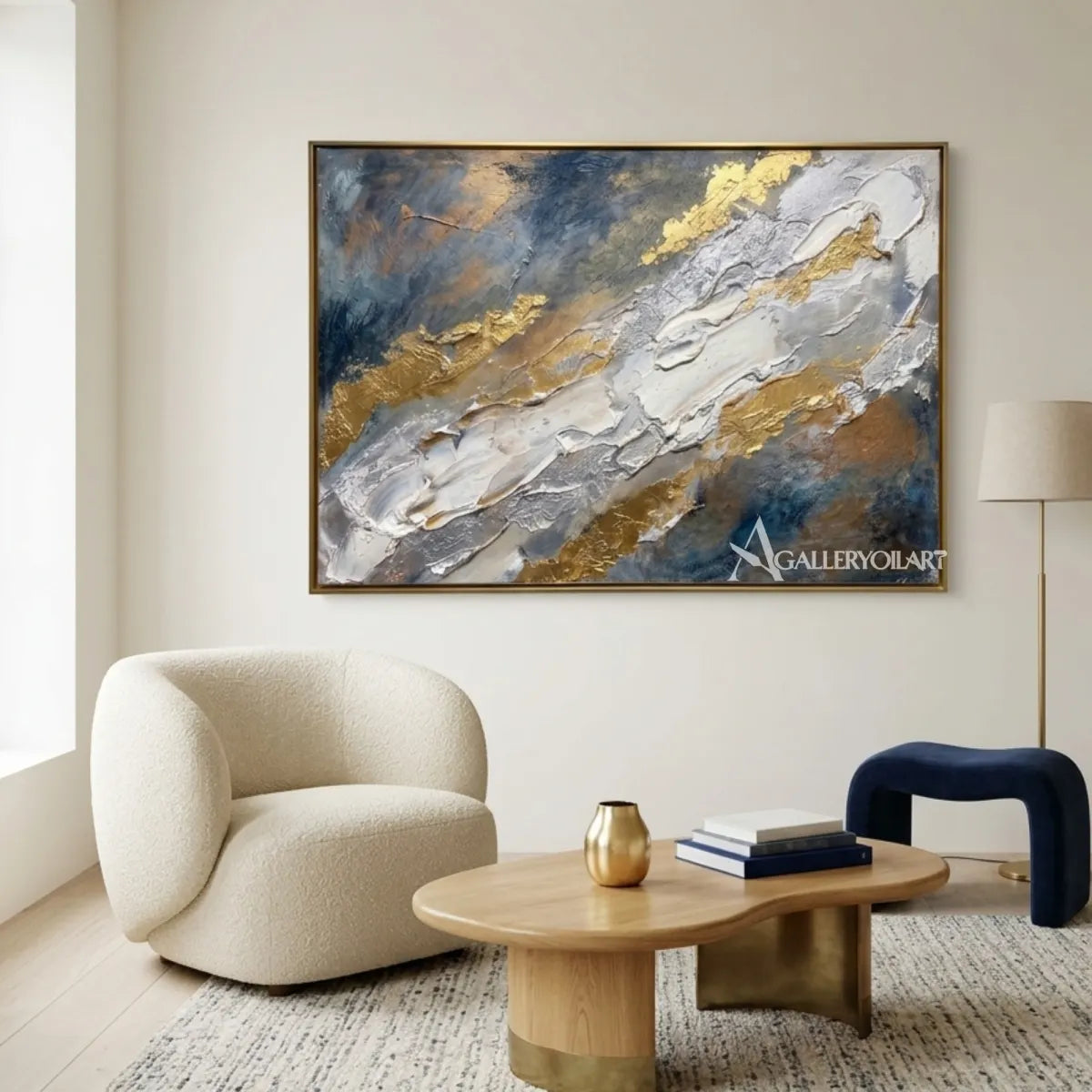 Textured-3D-art-with-blue-white-and-gold-ridges-displayed-in-a-gallery