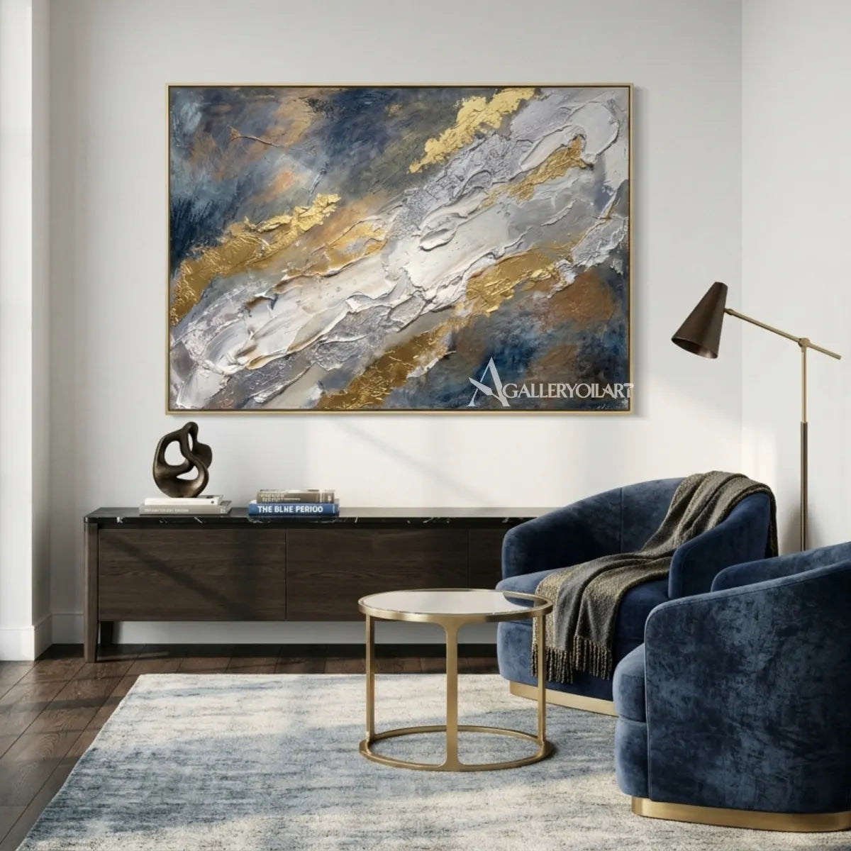Textured-3D-art-with-blue-white-and-gold-ridges-in-a-reading-lounge