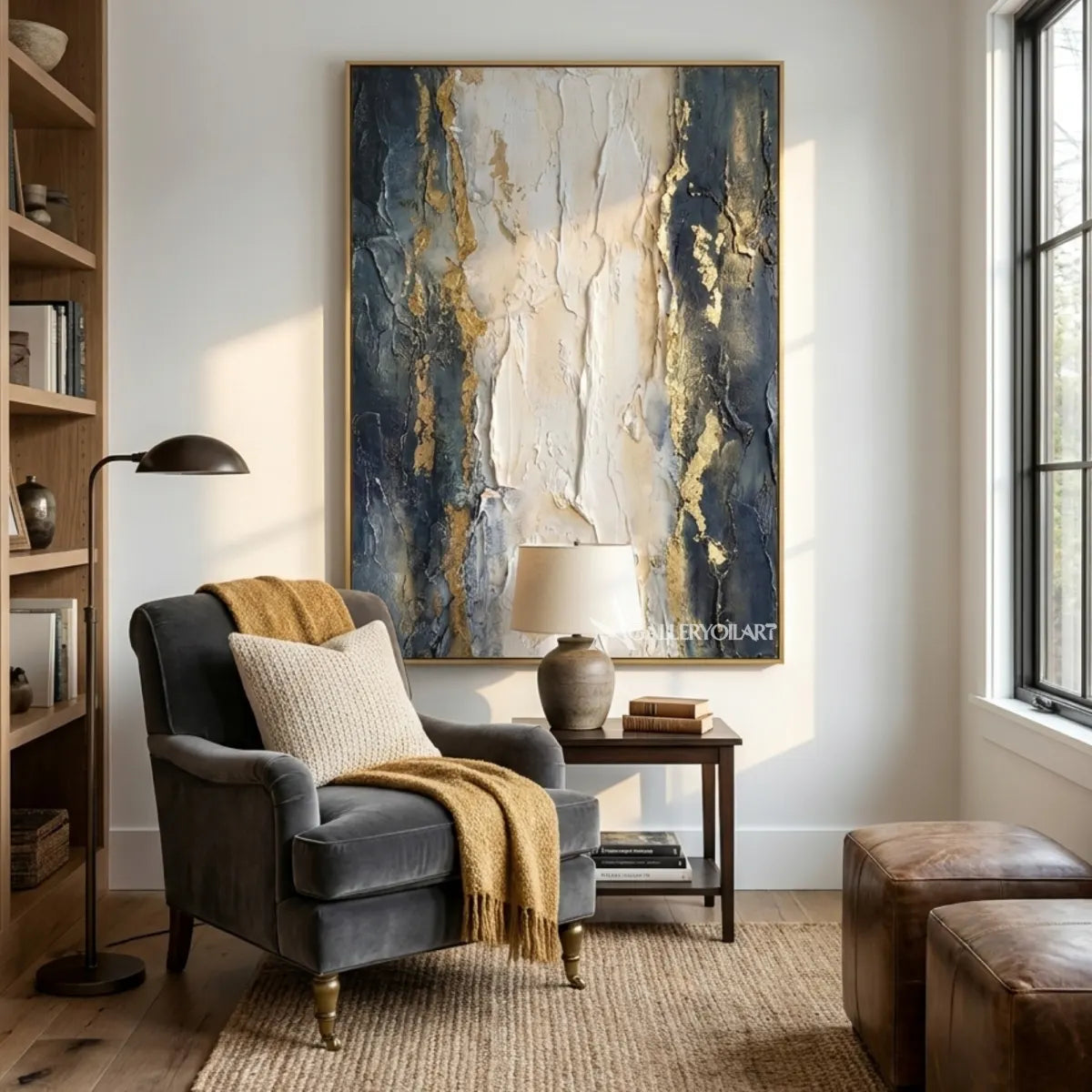 Textured-3D-gray-and-gold-marble-relief-wall-art-in-a-reading-corner