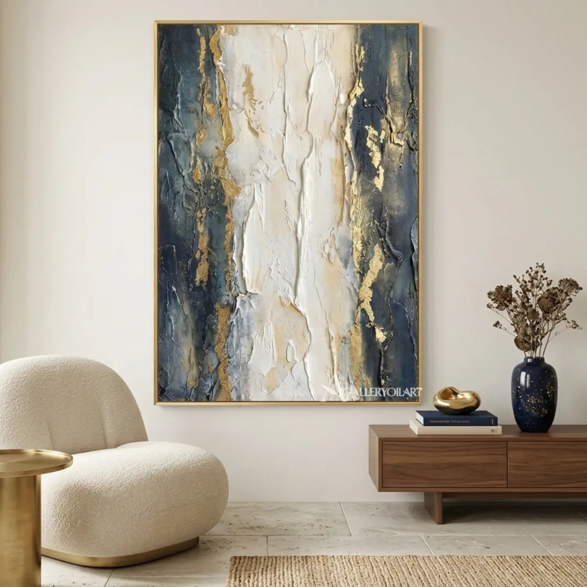 Textured-3D-gray-and-gold-marble-relief-wall-art-beside-a-curved-chair-and-console