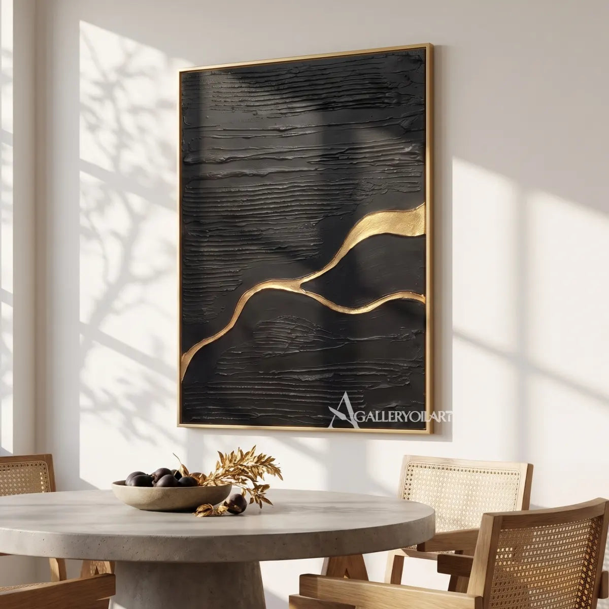 Textured 3D meandering current across a black relief field-in-dining-space