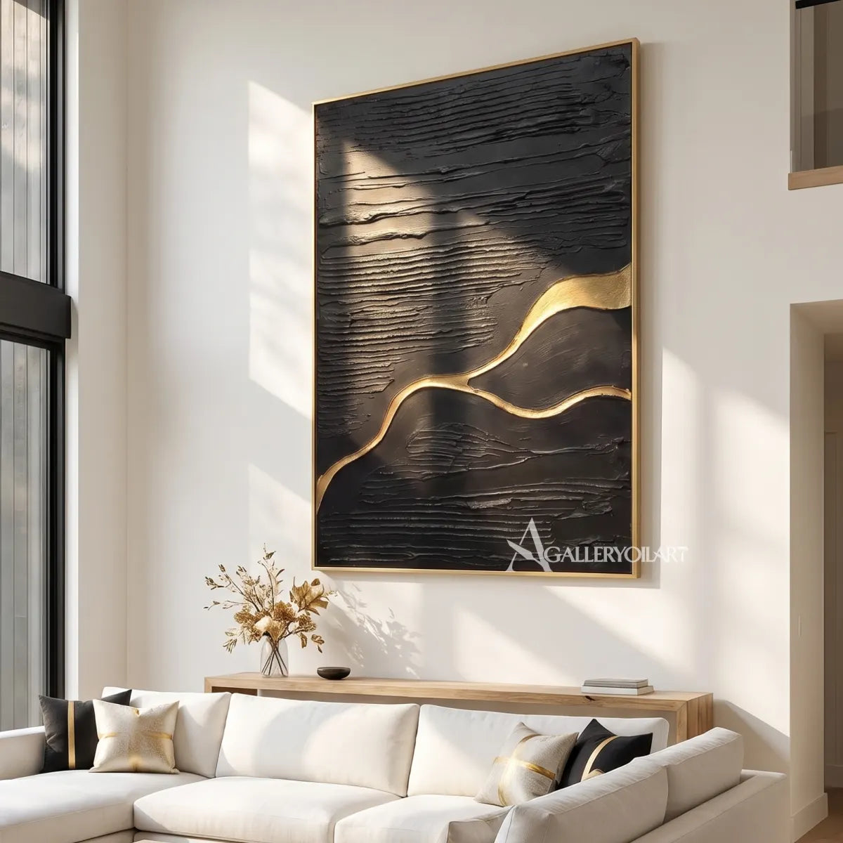 Textured 3D meandering current across a black relief field-in-living-room