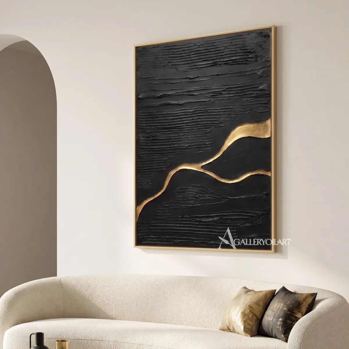 Textured 3D meandering current across a black relief field-in-minimalist-living-room