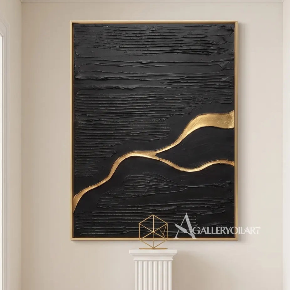 Textured 3D meandering current across a black relief field-in-transitional-hallway
