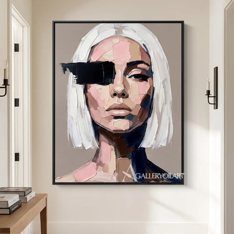 Portrait-art-of-a-white-haired-woman-with-pink-and-black-accents-in-a-transitional-hallway