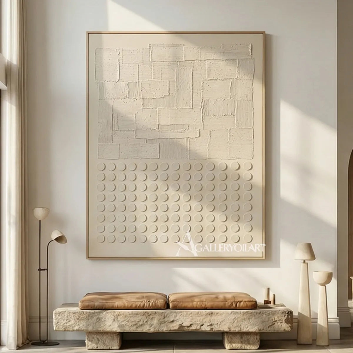 Textured-3D-white-modular-relief-wall-art-in-a-sunlit-entryway