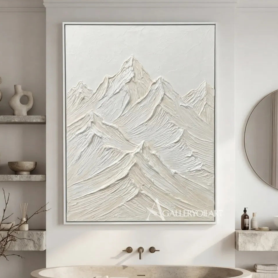Textured-3D-layered-raised-mountain-peaks-Matte-white-ivory-pale-gray-and-soft-stone-wall-art-in-bathroom